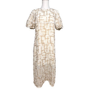 Sushe NWT Cream Gold Geometric Metallic Puff Sleeve Designer Shift Dress Small
